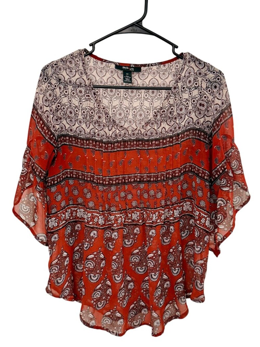 Style & Co Women’s Petite Petite 3/4 Sleeve Red Floral Blouse, Boho, Flowy